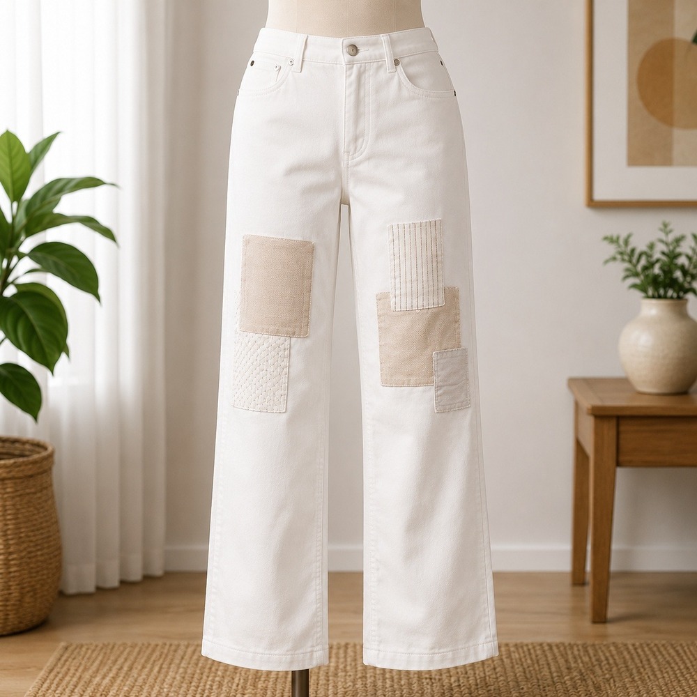 LOGO Lori Goldstein Boyfriend Jeans Womens 20WT White Patchwork Pull On Cuffed